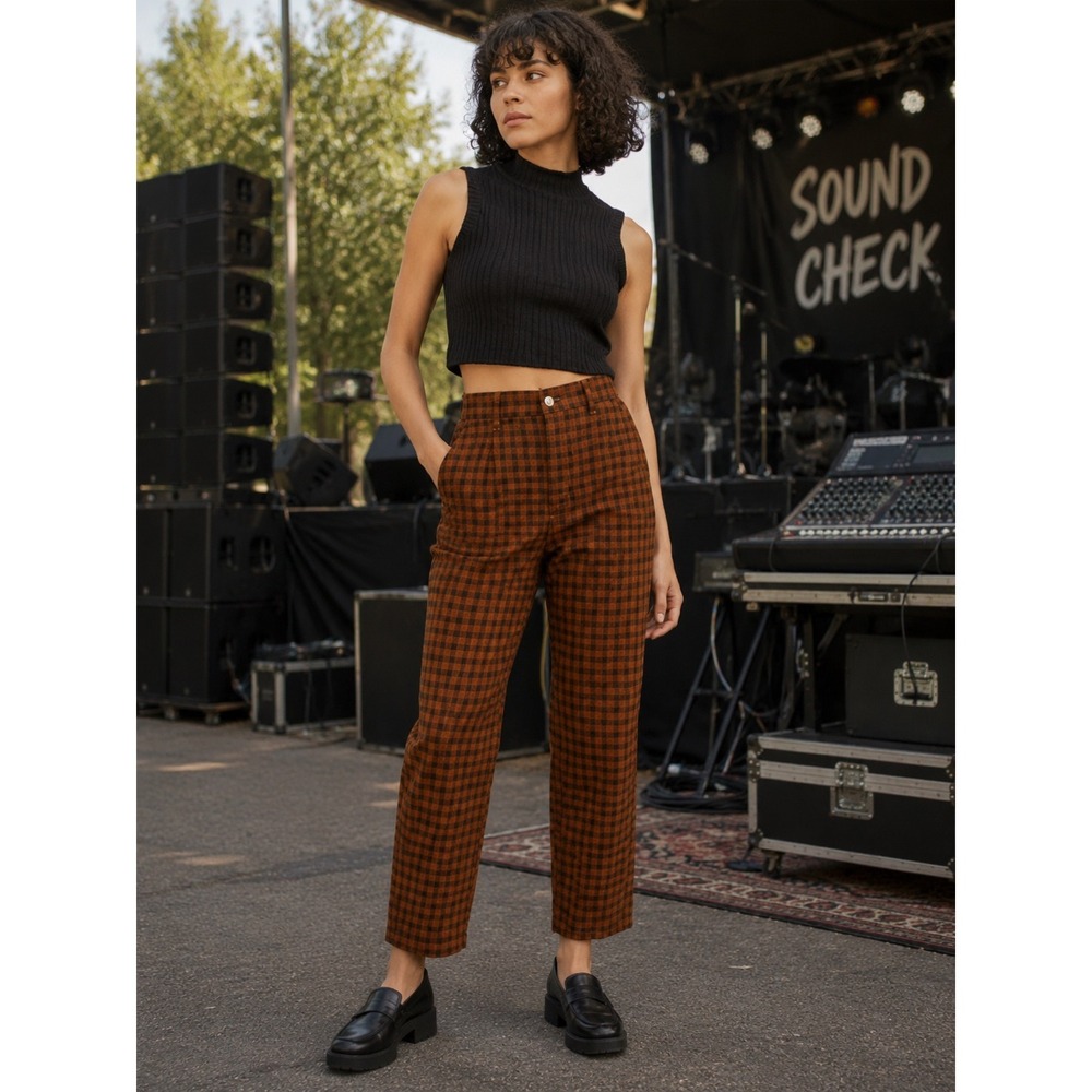 Levi's Womans Small Straight Leg Pants Plaid High Elastic Waist Brown Black